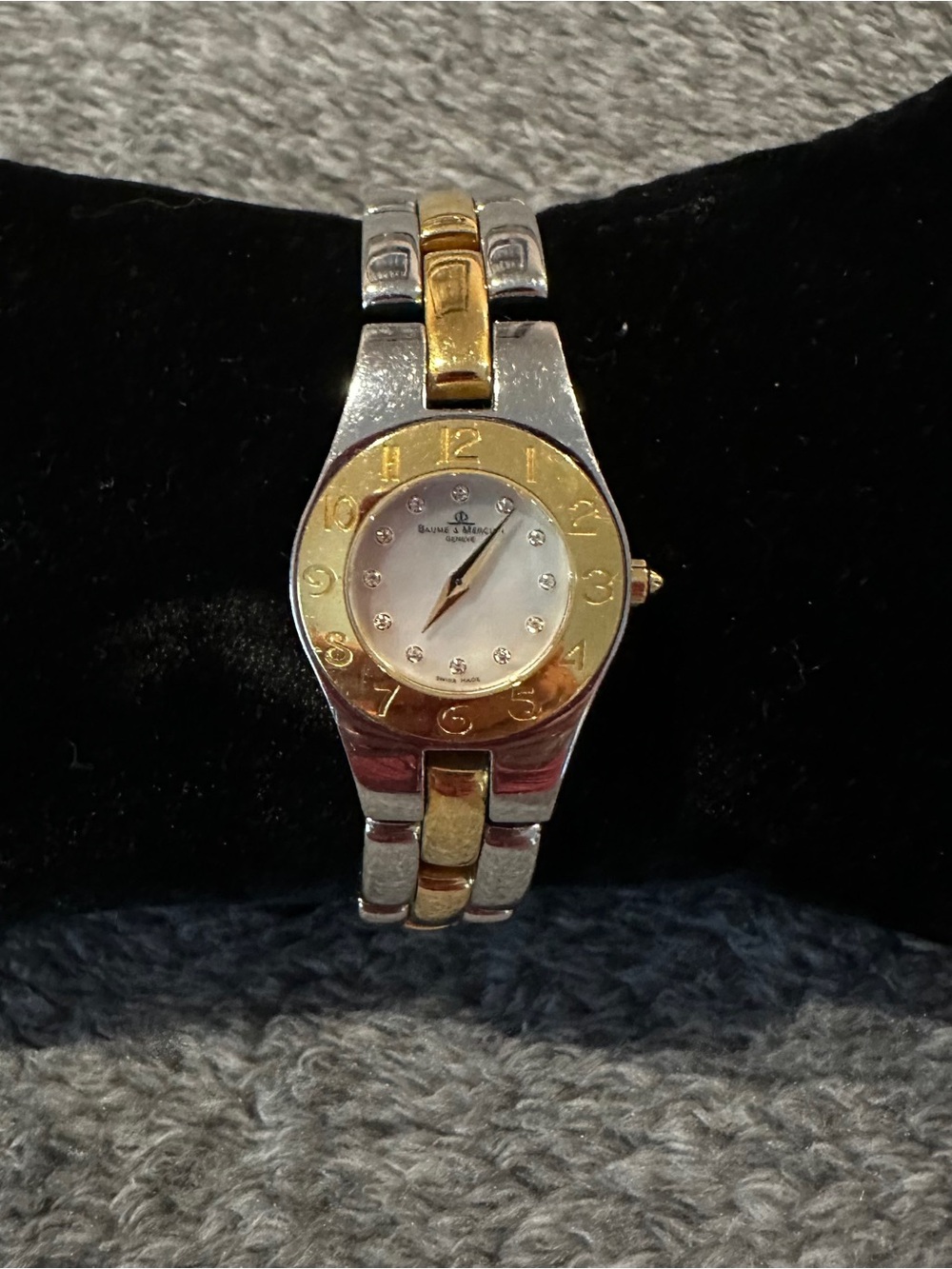 Baume & Mercier Linea 24mm two-toned 65304 watch w/ MOP face & diamond indices.